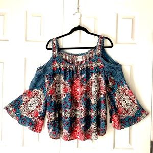 bila PXL peasant blouse Top cold shoulder shoulder Boho floral pattern